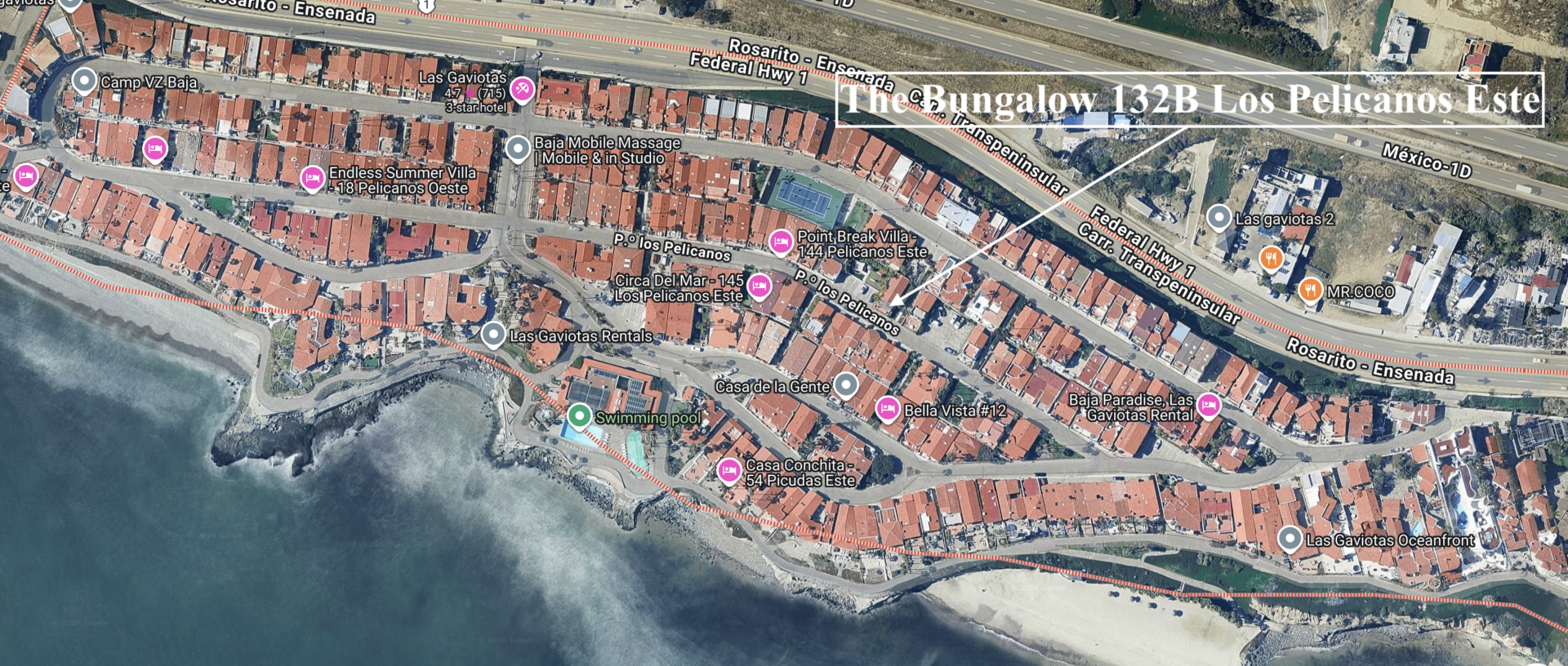 Map of The Bungalow, Las Gaviotas, Rosarito Beach, Las Gaviotas